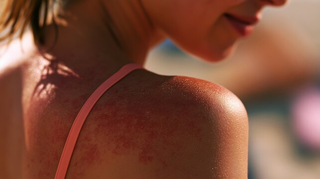 Close-up of a woman&rsquo;s sunburned shoulder showing realistic redness and skin texture, designed for sunscreen advertising, summer skincare campaigns, dermatology and sun protection awareness.