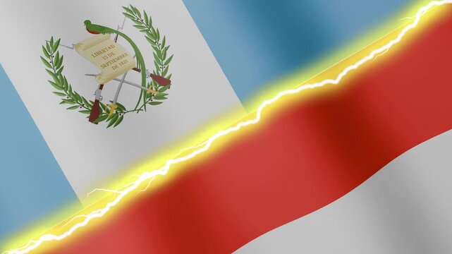 Two waving flags Guatemala and Indonesia with diagonal lightning seamless, 4k loop