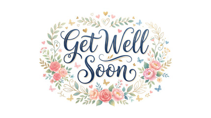 Naklejka premium Floral Get Well Soon calligraphy, elegant botanical greeting card with roses and hearts, soft pastel recovery message isolated PNG with Transparent Background