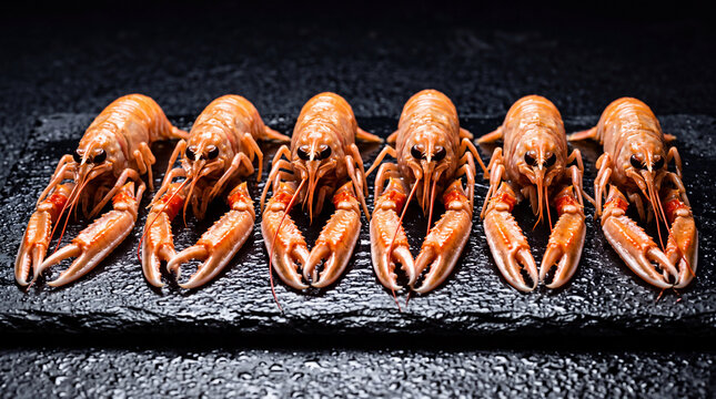 Row of grilled langoustines or prawns arranged on dark background, elegant seafood food photography