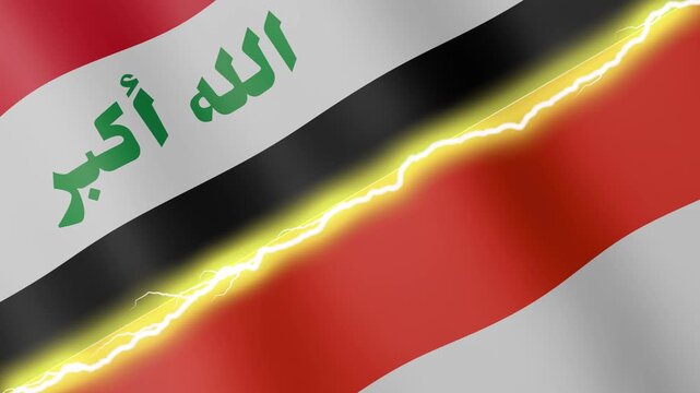 Two waving flags Iraq and Indonesia with diagonal lightning seamless, 4k loop