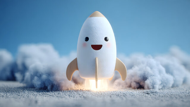 A cute cartoon rocket spaceship with a happy face blasts off into the sky, leaving a trail of smoke and fire, symbolizing a bright future and innovation.