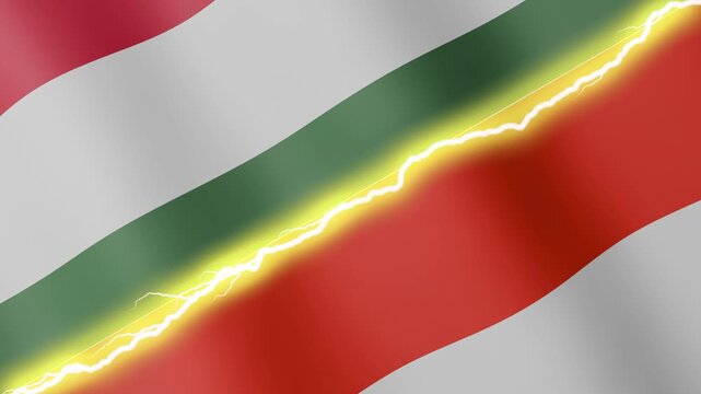 Two waving flags Hungary and Indonesia with diagonal lightning seamless, 4k loop