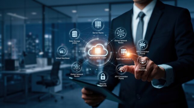 Secure cloud computing server cluster interface displayed on tablet, businessman touching holographic icons for data storage, virtual machines, global network nodes, cybersecurity
