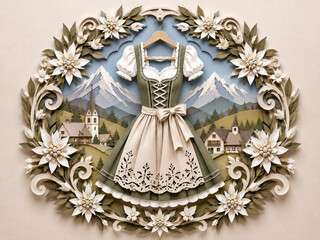 Fototapeta premium Elegant cream and gray Bavarian dirndl dress displayed against an ornate floral frame with edelweiss and alpine mountains.