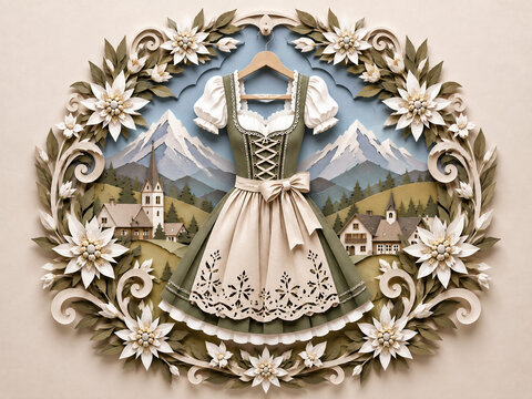 Elegant cream and gray Bavarian dirndl dress displayed against an ornate floral frame with edelweiss and alpine mountains.