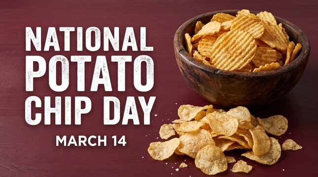 National Potato Chip Day banner for March 14, crunchy ridged potato chips in wooden bowl, salty snack food on burgundy background