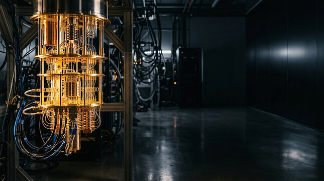 Quantum computer processor hardware with negative copy space on dark background