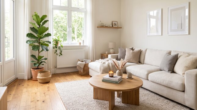Bright and cozy living room interior with beige sofa, round wooden coffee table and large fiddle leaf fig plant near window, minimalist scandinavian home decor style with natural