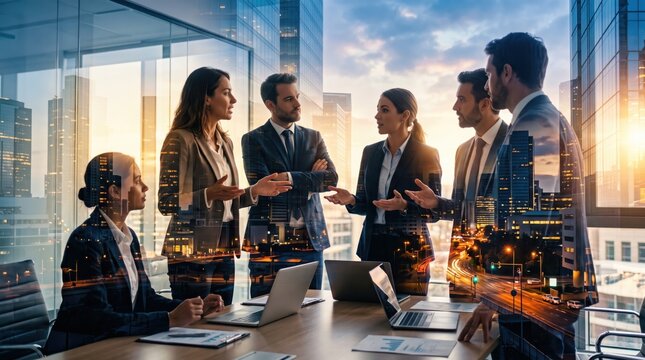 Double exposure image of professional business team having intense discussion in meeting room overlaid with vibrant city skyline at sunset, representing urban corporate life