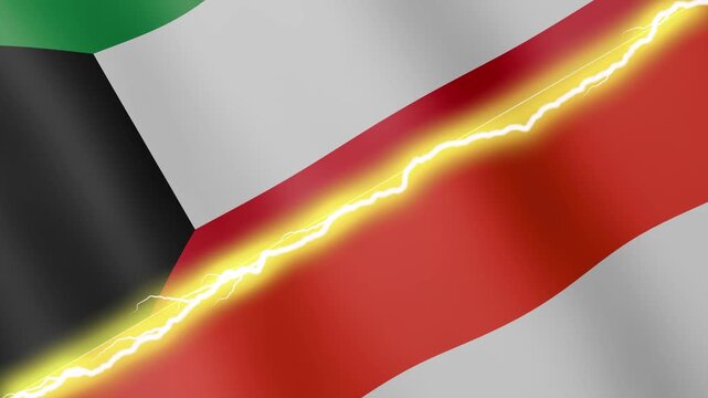 Two waving flags Kuwait and Indonesia with diagonal lightning seamless, 4k loop