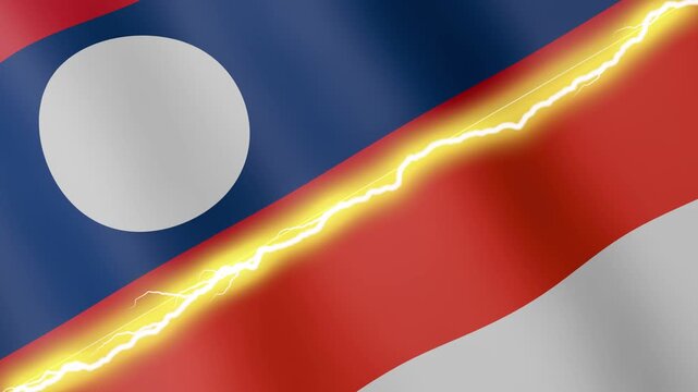 Two waving flags Laos and Indonesia with diagonal lightning seamless, 4k loop