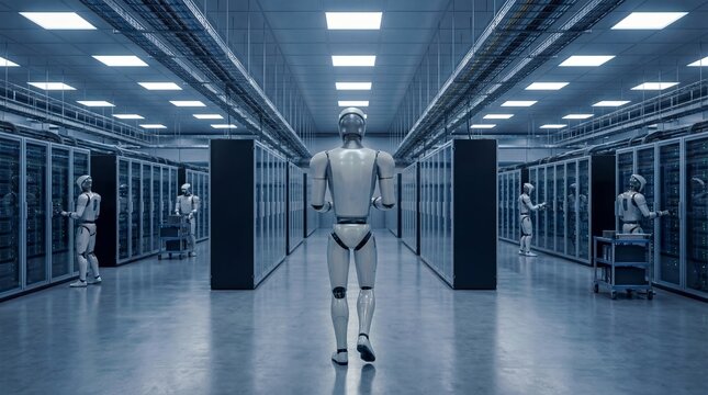 Humanoid robot walking through large server room data center managing infrastructure 3d render