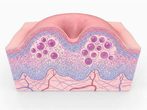 3D Medical Illustration of Human Skin Cross Section with Epidermal Cell Structures