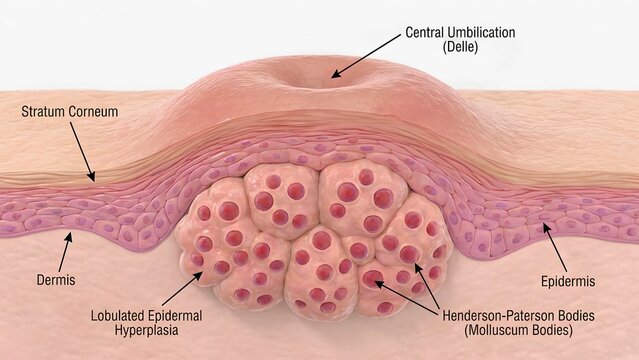 3D Medical Illustration of Molluscum Contagiosum Skin Lesion Anatomy