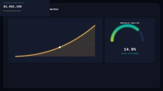 Digital Financial Dashboard Showing Compound Interest Growth and Annual Portfolio Yield Percentage