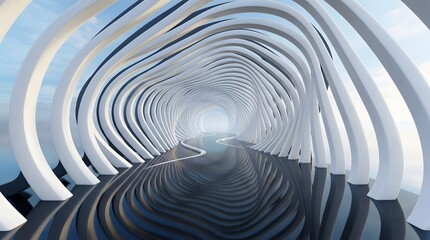 Obraz premium A futuristic tunnel interior with curved white ribs creating a skeletal structure over a dark reflective floor with flowing liquid-like waves, leading toward a bright glowing light at the end