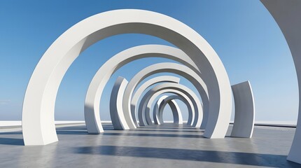 Obraz premium A long perspective view of a series of white circular archways aligned in a row on a smooth grey ground under a clear blue sky, creating a tunnel effect in this 3d architectural visualization