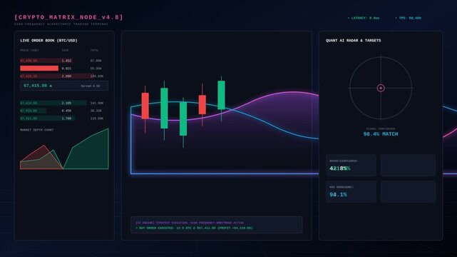 Futuristic Digital Trading Terminal Interface with Live Financial Market Charts and Data Analytics