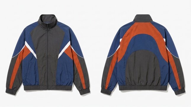Color-blocked windbreaker jacket, front and back views, grey and blue design on white background.