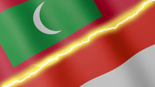 Two waving flags Maldives and Indonesia with diagonal lightning seamless, 4k loop