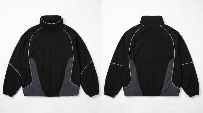 Black and grey track jacket front and back view on white background
