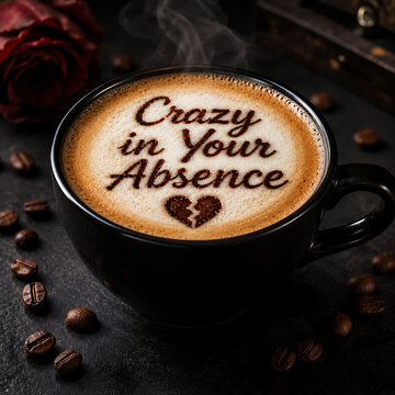 Moody Black Coffee Cup with "Crazy in Your Absence" Message and Broken Heart Latte Art