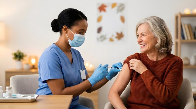 Professional African American nurse in blue scrubs and face mask administering a vaccine to a smiling senior woman at home