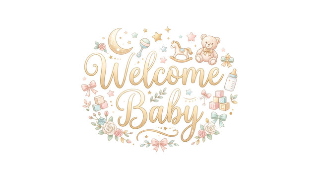 Welcome Baby gold script lettering. Pastel nursery illustration with teddy bear and toys. Elegant baby shower greeting card design. isolated PNG with Transparent Background