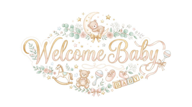 Welcome Baby elegant script lettering, watercolor nursery illustration with teddy bear and toys, soft pastel floral baby shower card isolated PNG with Transparent Background