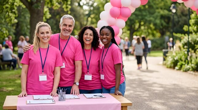 Group of diverse happy volunteers in pink t-shirts posing at a registration desk for a breast cancer awareness charity event in a park.
