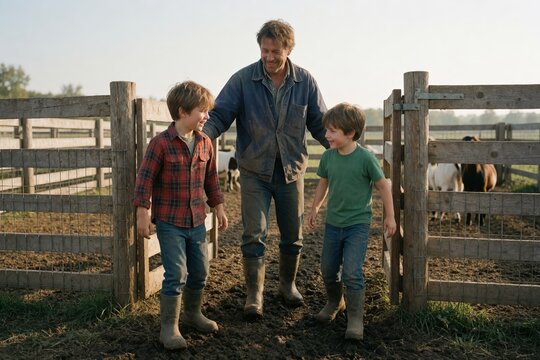 Father and two sons at muddy goat pen entrance