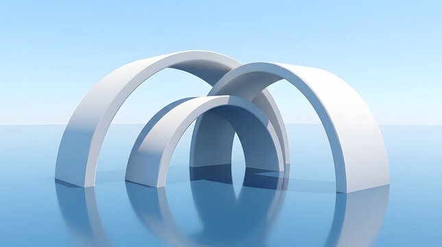 Three intersecting white curved arch structures standing on a calm reflective blue water surface under a clear light blue sky in a minimalist 3d rendered architectural landscape scene