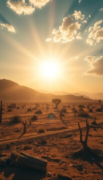 Scorching summer heat wave with intense sunlight and parched earth, global warming, arid