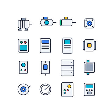 Premium flat vector icon collection of industrial motors, starters, drives, contactors, relays, breakers, encoders, controllers for factory automation, machinery, engineering, manufacturing systems.