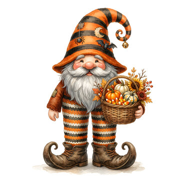 A pixel-art gnome carrying a basket of fresh autumn harvest