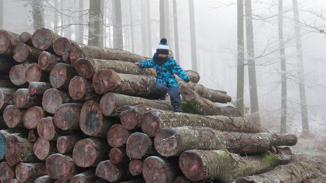 Little Boy Climbing on Log Pile in Winter Forest
