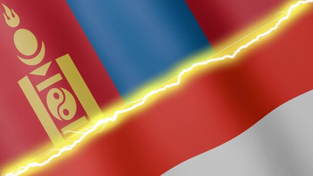 Two waving flags Mongolia and Indonesia with diagonal lightning seamless, 4k loop