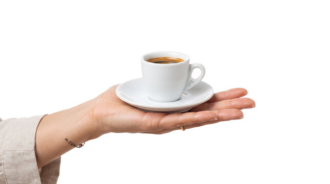Espresso coffee cup on palm of hand, white ceramic espresso mug with saucer, person holding small caffeine drink isolated PNG with Transparent Background