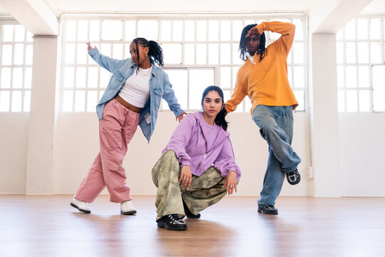 Young group of multiethnic hip-hop dancers dancing