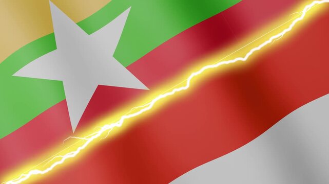 Two waving flags Myanmar and Indonesia with diagonal lightning seamless, 4k loop