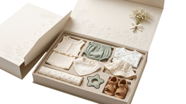 Elegant baby gift set in luxury box, organic cotton newborn clothing collection, neutral nursery shower hamper with accessories isolated PNG with Transparent Background