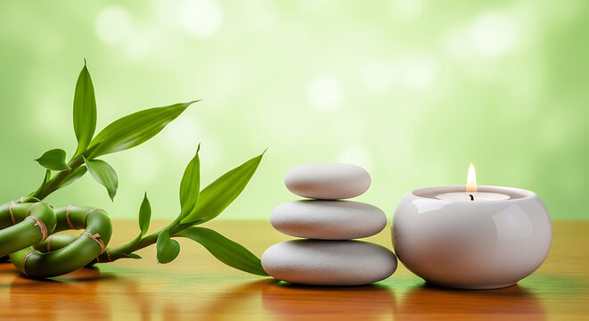 Spa stones and candle with bamboo on wooden table