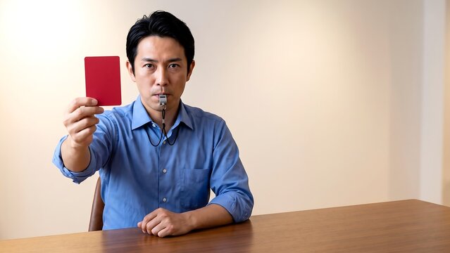 テーブルに着席し腕まくりの男性がレッドカードを差し出し笛を吹く