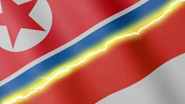 Two waving flags North Korea and Indonesia with diagonal lightning seamless, 4k loop