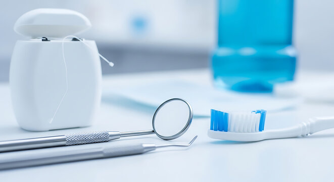 Dental hygiene tools and equipment on a clinic table