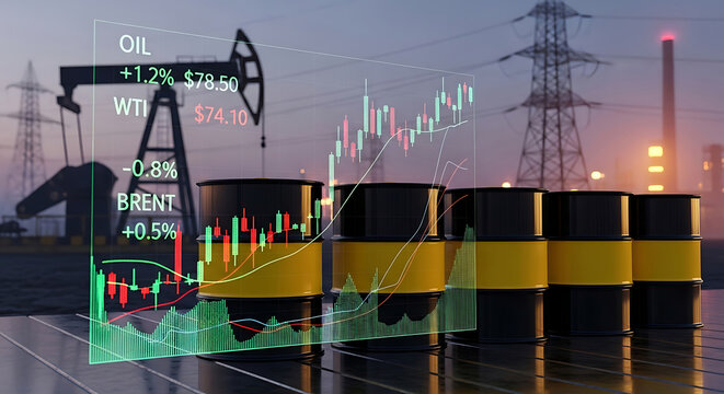 Oil industry barrels and pump jack with financial market data overlay