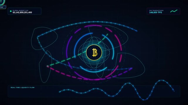Digital Cryptocurrency Market Analysis HUD Interface with Bitcoin Logo and Real Time Data Visualization