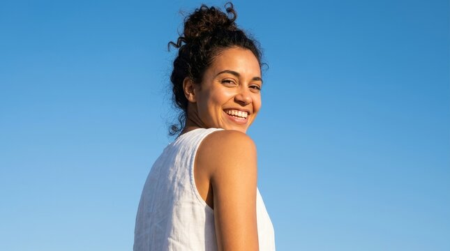 Happy Young Woman with Curly Hair Smiling Over Shoulder Against Blue Sky