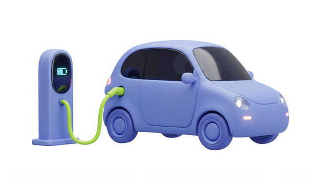 3D Blue Electric Car Charging at Station Isolated on Black